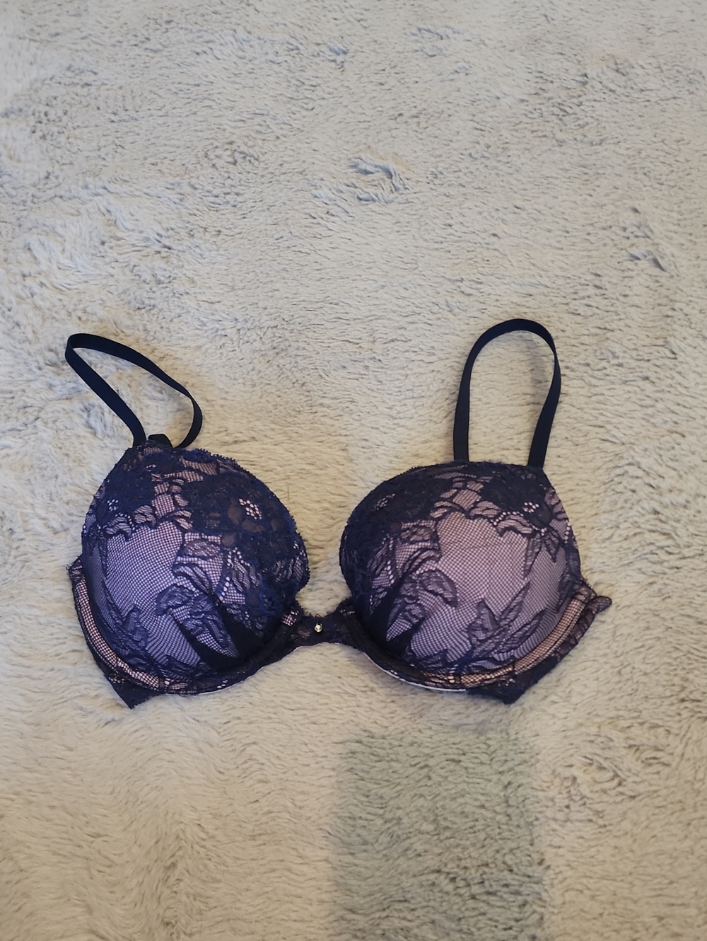 "COMFORT DEVOTION"  Navy Blue Lace Overlay Push Up Bra.